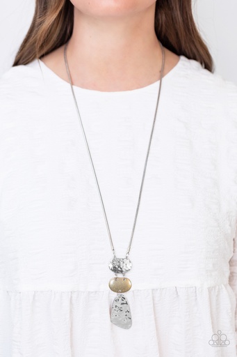 [250-N] Hammered Silver and Brass Necklace on Silver Snake Chain - Riverside Respite