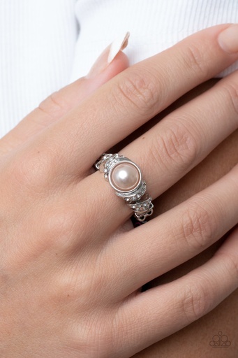 [301-R] Brown Pearl Ring in Stretch Ring with Silver Adjustable Ring Band - Selfie Status