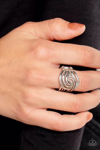 [427-R] Silver Stretch Ring with Asymmetrical Design in Adjustable Ring Band - Interlocked Insignia