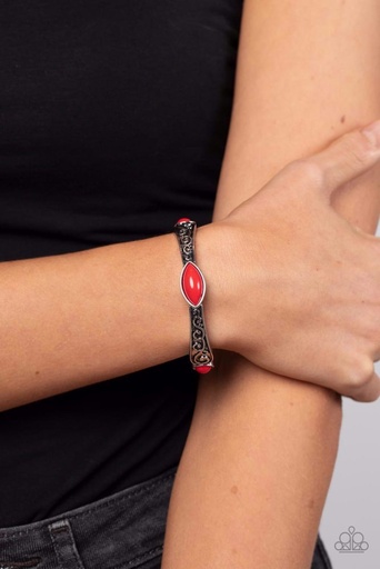 [448-B] Stretch Bracelet Red Beads and Silver Bands - Veranda Variety
