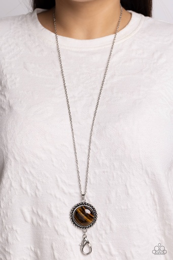 [416] Tiger’s Eye Lanyard Necklace in Silver Chain - Sonoran Summer