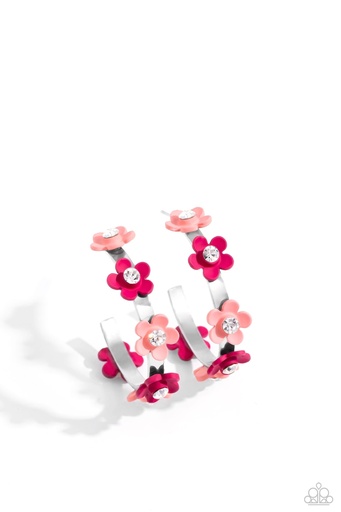 [530-E] Flower Hoop Earrings with Pink and Peach Flowers in Silver - Strictly Springtime