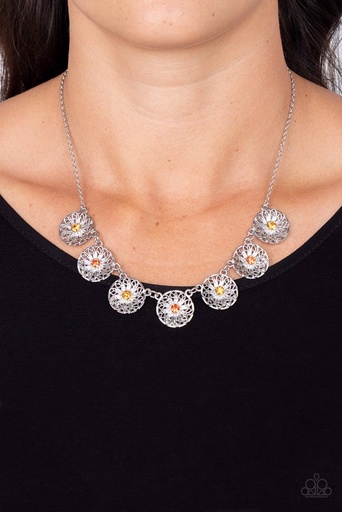 [539-N-OR] Orange Necklace Flower Design with Orange Crystals - Garden Greetings