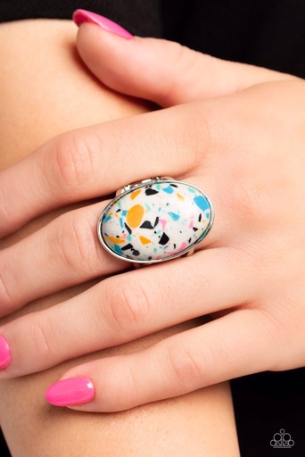 [539-R] White Terrazzo Stone Stretch Ring in Silver Adjustable Ring Band - Terrazzo Tease