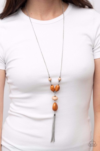 [358-N] Long Necklace with Adobe Beads and Silver Tassel - Heavenly Harmony