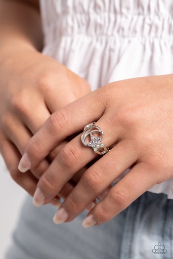 [108-R] Moon and Star Stretch Ring with Iridescent Crystals in Silver Adjustable Ring Band - Stargazing Style
