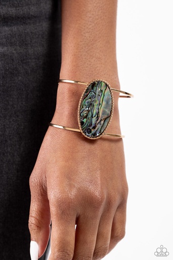 [238-B-GD] Oversized Gold Bracelet Cuff with Iridescent Faux Abalone Shell Finish - Enigmatic Energy