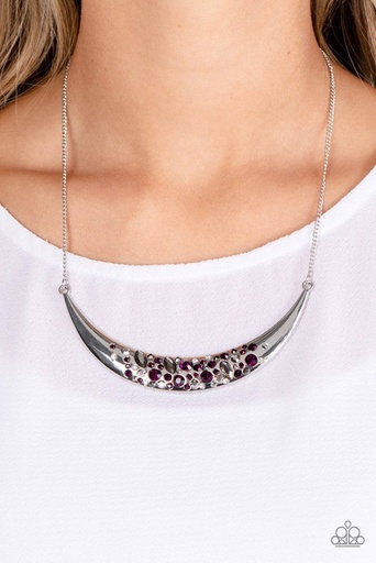 [569-N-PU] Curved Bar Necklace with Purple Crystals - Bejeweled Baroness