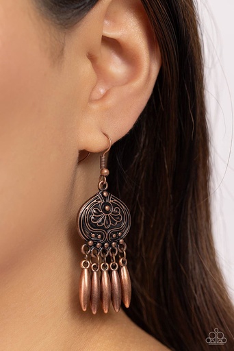 [542-E-CP] "Rustic Copper Earrings Dangle Embossed with Floral Pattern - Future, PASTURE, and Present"