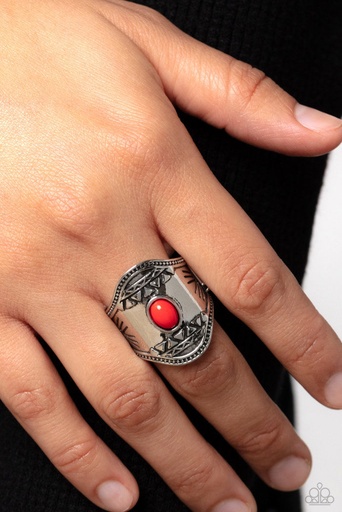 [542-R] Western Stretch Ring with Red Bead and Adjustable Silver Ring Band - Panoramic Pyramids