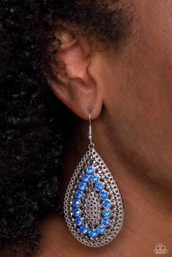 [543-E] Teardrop Earrings Dangle with Blue Crystals in a Silver Frame - Spirited Socialite