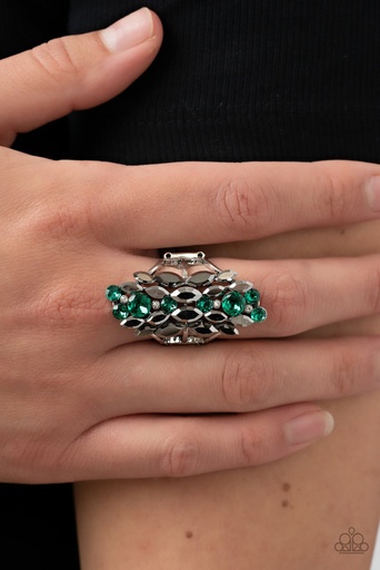 [543-R] Statement Knuckle Stretch Ring with Hematite and Green Crystals in Silver Adjustable Ring Brand - Smoky Smolder
