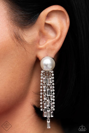 [335-FFA-E] White Pearl Long Post Earrings with Crystals Elegant Design - Genuinely Gatsby