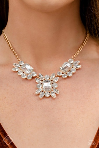 [444-N] Statement Crystal Necklace in Gold - Exaggerated Elegance