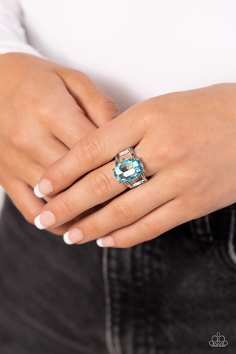 [332-R] Statement Stretch Ring with Blue Prismatic Crystal in Silver Adjustable Ring Band - Prismatically Pronged