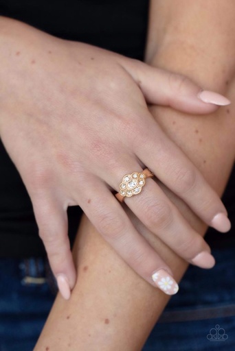 [508-R] Delicate Gold Stretch Ring with White Crystals with Adjustable Ring Band - Floral Frou-Frou