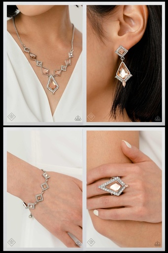 [564-FFA] Peach Jewelry Set with Crystals in Silver - Fashion Fix - Stylish Showroom