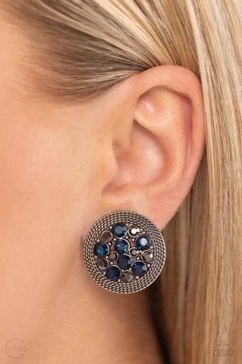 [545-E] Clip On Earrings with Hematite and Blue Crystals in Silver Frame Non-Pierced Earrings - Stellar Status