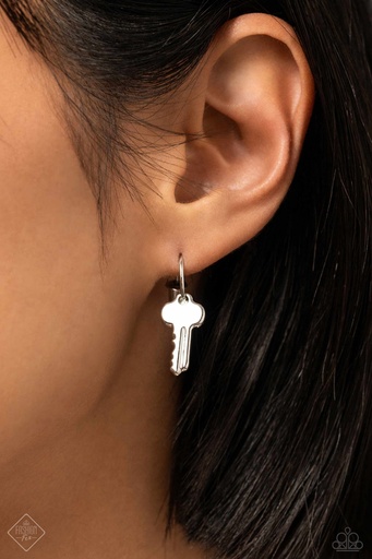 [525-MM-E] Key Hoop Earrings on Small Hoop in Silver - The Key to Everything