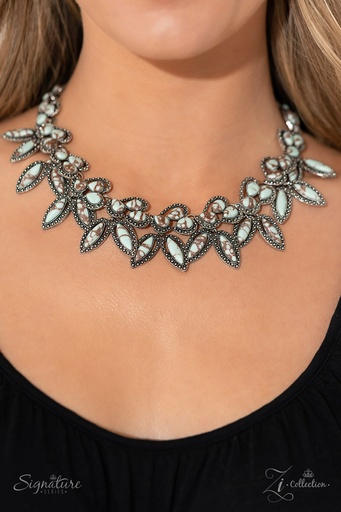 [549] Natural Stone Statement Necklace in Blue Green Marbled in Silver Chain Zi Necklace - The April