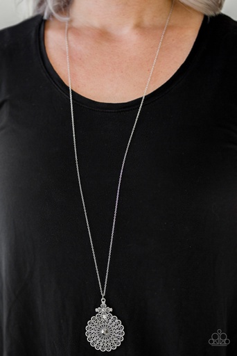 [562-N] Long Necklace Flower Pendant with Hematite Crystals in Dainty Silver Chain - Walk On The WILDFLOWER Side