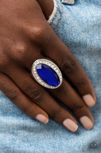 [562-R] Statement Blue Stretch Ring with Crystals in Silver Adjustable Ring Band - Believe in Bling