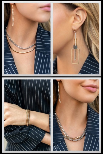 [553-MM] Layered Herringbone Jewelry Set in Gold and White Crystals - Fashion Fix - Square Treasure