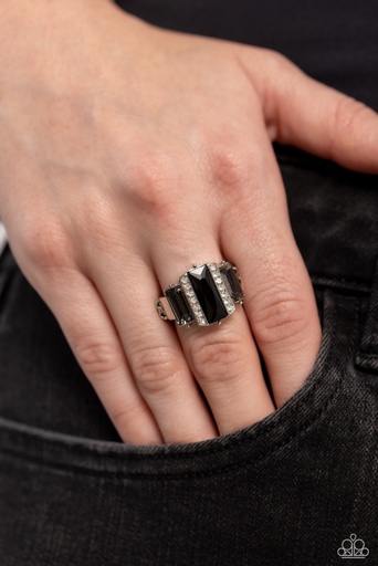 [555-R] Elegant Black and White Stretch Ring with Crystals in Adjustable Silver Ring Band - ​A GLITZY Verdict