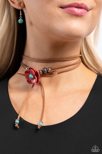 [568] Turquoise Flower Necklace in Brown Suede Adjustable Necklace - Wanderlust Wrap