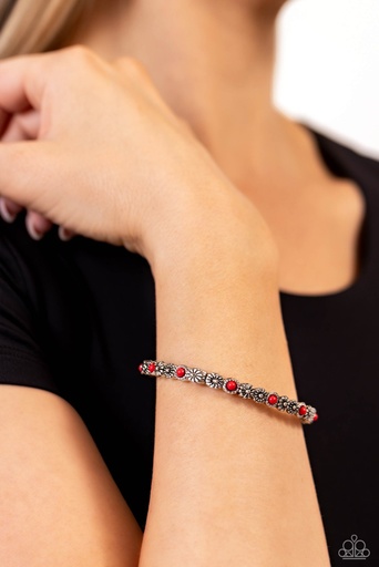 [581-B] Stretch Bracelet Red Bead Flower Dainty Silver Frame - Floral Fast Lane